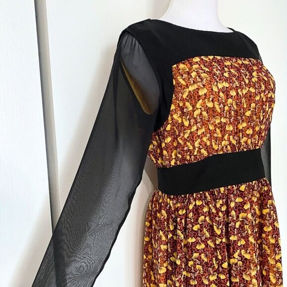 TED BAKER BARTA YELLOW ORANGE FLORAL BLACK SHEER CHIFFON PLEATED A-LINE DRESS - Picture 4 of 14